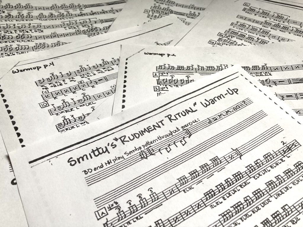 Scattered pages of Smitty's Rudiment Ritual Warm-up