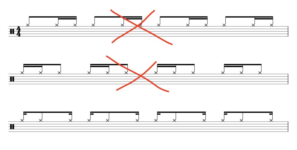 Samba cymbal pattern showing the 16th note pattern of 1e-a 2e-a 3e-a 4e-a